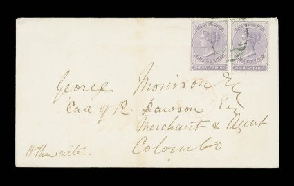1869 (16 Feb.) envelope from Jaffna to Colombo, bearing ½d. dull mauve pair, indistinctly cancelled, showing light jaffnapaid c.d.s. in red with arrival d.s. on reverse the
face panel with some light staining. Sc. 45 S.G. 48.