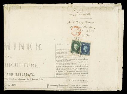 1867 (14 Jan.) complete the examiner and ceylon journal of commerce and agriculture newspaper from Colombo to London, bearing 1d. deep blue and 2d. grey-green, cancelled and
tied by oval of bars and showing red despatch c.d.s. alongside so