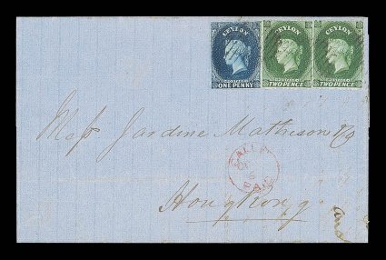 1866 (Oct.) entire from Galle to Hong Kong, bearing 1d. deep blue and 2d. grey-green pair, all lightly cancelled by oval of bars, showing gallepaid c.d.s. in red with clear
arrival datestamp (23.10) on reverse. A clean and neat franking. S