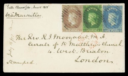 1858 (15 June) envelope ex the Mooyaart correspondence to London, bearing extremely fine 6d. purple-brown (good to large margins showing portion of adjoining stamp at left) and
1857-59 1d. blue and 2d. yellow-green (slightly cut-into), each