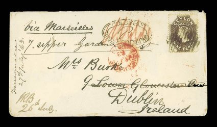 1868 (July) envelope from Trincomalee to Dublin and re-addressed locally, marked Via Marseilles, bearing 9d. sepia tied by oval of bars, showing trincomaleepaid c.d.s. in red,
colomboinsufficiently paid oval handstamp with man