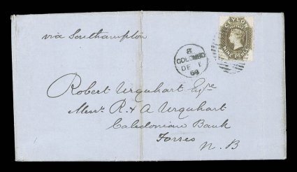 1868 (1 Dec.) entire letter (with printed shipment leaflet) from Colombo to Scotland, marked via Southampton, bearing 9d. sepia clearly tied by Colombo duplex and showing
arrival datestamp (3.1) on reverse the entire letter with heavy cent