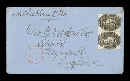 1869 (12 Jan.) double rate envelope ex the Welsford correspondence from Colombo to Weymouth, marked via Southampton, bearing 9d. sepia horizontal pair placed sideways and
cancelled by A obliterator, showing colombopaid c.d.s.