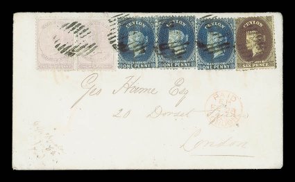 1865 (Jan.) envelope from Colombo to London, bearing ½d. reddish lilac pair, 1d. deep blue pair and single, and 6d. sepia, all cancelled by oval of bars, showing red arrival
c.d.s. (28.2) and, on reverse, colombopaid despatch datestamp in