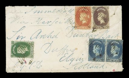 1865 (Aug.) double rate envelope from Colombo to Elgin, marked Via Marseilles, bearing 1d. deep blue pair (one with re-entry), 2d. grey-green, 6d. sepia and 1864 watermark Star
10d. dull vermilion, all tied by oval of bars and showing, on r