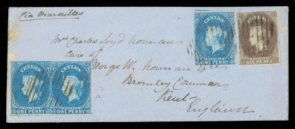 1859 (July) envelope from Deltota (manuscript notation on reverse) to Kent, bearing 6d. purple-brown (large margins three sides, just cut-into at top) and 1857 1d. blue pair and
single with margins in places, all neatly cancelled by light oval of