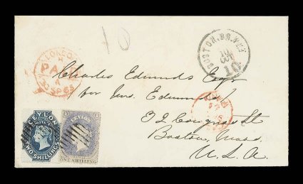 1865 (Sept.) double rate envelope from Galle to Boston, bearing 2- steel-blue with 1861-64 intermediate perf 14 to 15½ 1- slate-violet, both affixed at lower left and centrally
cancelled by oval of bars, showing red crayon 29, gallep