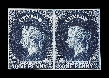1d. deep blue horizontal pair, variety imperforate, fine unused with small part original gum. R.P.S. Certificate (2000) states plate proofs. Unlisted in Scott S.G. see footnote
after S.G. 72.