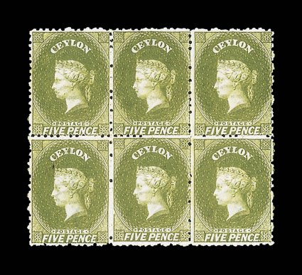 5d. bronze-green block of six (3x2), fresh and fine unused with part or large part original gum. Sc. 52d S.G. 66c.