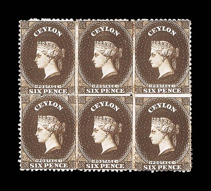 6d. deep brown block of six (3x2), fresh and fine unused with large part original gum. Sc. 53d S.G. 67. provenance: A. Caspary, February 1958