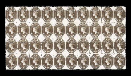 9d. blackish brown, a magnificent block of forty (10x4), lovely fresh colour, unused with large part or full original gum. A splendid exhibition piece. R.P.S. Certificate
(1989). Sc. 55a S.G. 69b.