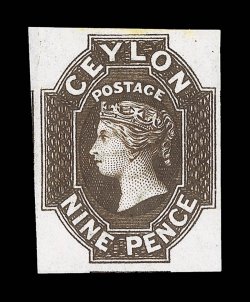 9d. blackish brown, variety imperforate, large margins showing portions of two adjoining stamps, good colour, tiny faint stain at top, otherwise fine unused with part original.
Rare. provenance: Dr. Fleming, February 1951 P.C. Pearson, Ap