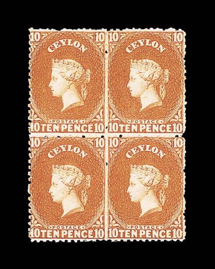 10d. orange block of four, unused with large part original gum, good colour the upper pair with heavy gum crease not affecting fine appearance. Sc. 56b S.G.
70c.
