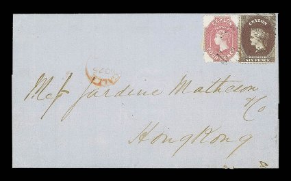 1867 (25 Nov.) double rate entire from Galle to Hong Kong, bearing 4d. rose-carmine with 1863-65 6d. sepia, both lightly cancelled by oval of bars, showing large part gallepaid
c.d.s. in red and, on reverse, senders cachet and arrival dat
