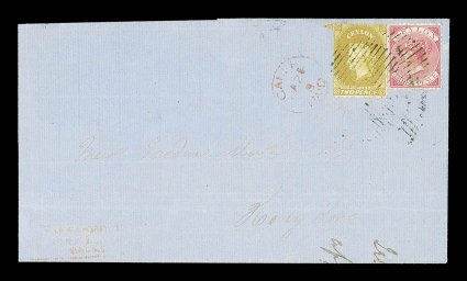 1868 (21 Jan.) entire from Galle to Hong Kong, bearing 2d. ochre with 1866 3d. carmine-rose, both cancelled by oval of bars, showing gallepaid c.d.s. in red alongside, senders
cachet at lower left and, on reverse, clear arrival datestamp
