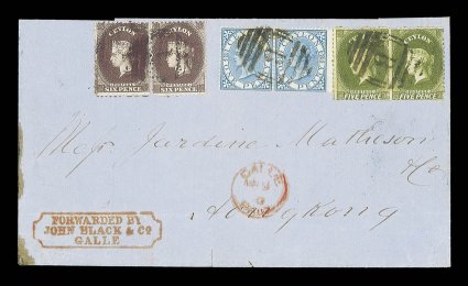 1870 (9 Mar.) quadruple rate entire from Galle to Hong Kong, bearing 5d. bronze-green pair, 6d. deep brown (2) and 1868 1d. blue pair, each centrally cancelled by B
obliterator, showing gallepaid c.d.s. and senders cachet at lower left,