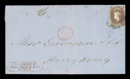 1870 (13 July) entire from Galle to Hong Kong, bearing 6d. deep brown with manuscript ink stroke and tied by indistinct obliterator, showing gallepaid c.d.s. and senders cachet
at lower left, both in red, with hong-kongsingapore toho