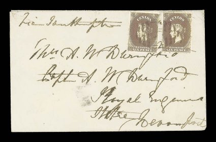 1869 (17 Nov.) double rate envelope from Galle addressed to an officer in the Royal Engineers at Devonport, marked Via Southampton, bearing two 6d. blackish brown cancelled by
B obliterator and showing, on reverse, gallepaid in red