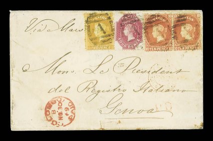1869 (30 Nov.) double rate entire from Colombo to Genoa, marked Via Marseilles, bearing 2d. bistre, 4d. rose-carmine and 10d. red-orange (2, one with closed tear), each
cancelled by A obliterator, showing colombopaid c.d.s., unfram