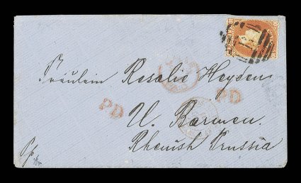 1870 (19 Sept.) envelope from Galle to Prussia, bearing 10d. orange tied by B obliterator, showing gallepaid c.d.s., two strikes of unframed p.d and French Maritime datestamp,
all in red. A rare franking and destination. Sc. 56b S