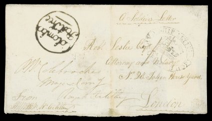 1809 front and one back flap from a soldier in the Royal Artillery to London, marked A Soldiers Letter, countersigned by Commanding Officer, showing a very fine strike of
ColomboPost Free circular handstamp (Proud Type OPD 1) and 