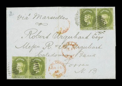 1867 (16 Dec.) double rate entire letter from Colombo to Scotland, marked via Marseilles, bearing two 5d. yellow-olive pairs (one at lower left) tied by oval of bars, showing
colombopaid c.d.s. with Galle transit d.s. (17.12) alongsi