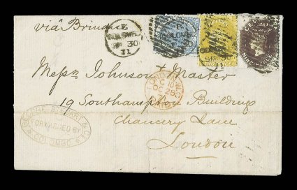 1871 (30 Sept.) entire letter from Colombo to London, marked via Brindisi, bearing 2d. bistre, 9d. blackish brown and 1868 1d. blue, all clearly tied by Colombo duplex and
showing clear red arrival datestamp (28.10) alongside the entire wi
