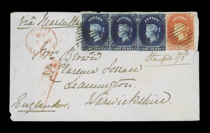 1868 (5 May) envelope from Kandy to Leamington, marked Via Marseilles, bearing 1d. deep blue strip of three and 10d. orange, all neatly cancelled by oval of bars, showing
kandypaid c.d.s. and framed too late, both in red, with