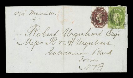 1868 (22 Aug.) entire letter from Colombo to Scotland, marked via Marseilles, bearing 5d. yellow-olive and 8d. chocolate cancelled by A obliterator, showing light colombopaid
c.d.s. in red (crossed by heavy vertical filing crease)