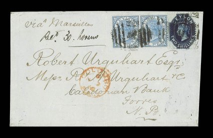 1868 (Nov.) double rate entire from Colombo to Scotland, marked via Marseilles, bearing 2- deep blue and 1868 1d. blue pair, all cancelled by slightly heavy and smudged A
obliterator, showing colombopaid c.d.s. in red with clear a