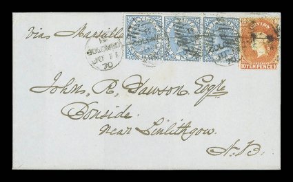 1870 (11 June) entire ex the Dawson correspondence from Colombo to Linlithgow, marked Via Marseilles, bearing 10d. orange and 1868 1d. blue strip of three, all crossed by
manuscript ink stroke and tied by Colombo duplex, and showing a