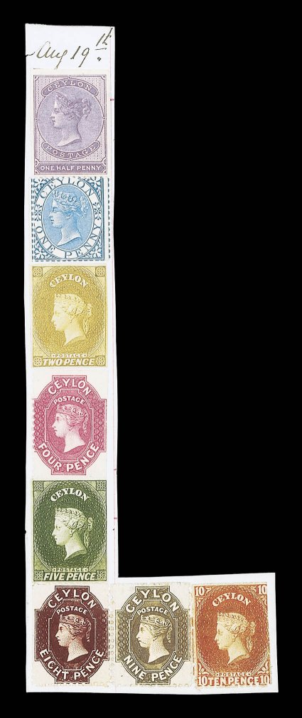 An L shaped piece bearing ½d. dull mauve (imperforate), 2d. bistre (imperforate), 4d. rose-carmine, 5d. olive-green (imperforate), 8d. red-brown, 9d. bistre-brown, 10d. dull
vermilion and 1868 1d. blue, some perforations clipped or cut off, the