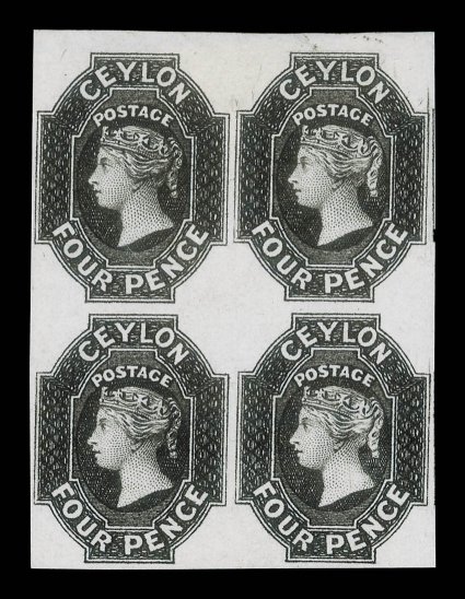 4d. in black on wove paper, a block of four with good to large margins showing portion of adjoining stamp at upper right, very fine.