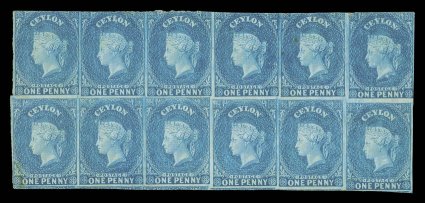 1d. deep turquoise-blue block of twelve (6x2), unused with trace of gum heavily creased, cut-into and with other faults, nevertheless a remarkable piece and thought to be the
largest multiple extant. B.P.A. Certificate (1997). Sc. 3, S.G. 2,