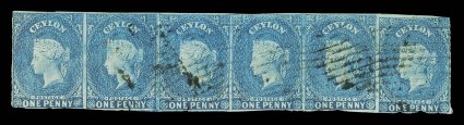 1d. deep turquoise-blue, a horizontal strip of six generally lightly cancelled by oval of bars, touched in places some faults include creases. A rare multiple. B.P.A.
Certificate (1995). Sc. 3, S.G. 2. provenance: Sothebys auction, July 199