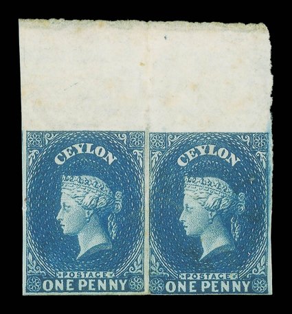 1d. blue, a horizontal pair with large sheet margin at top and close to good margins on the other three sides, unused with large part original gum some slight gum creases not
affecting appearance and the wonderful fresh color. Sc. 3a S.G. 2a, £