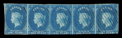 1d. blue, a horizontal strip of five with good margins on three sides and slightly cut-into at foot affecting four stamps, each lightly cancelled by oval of bars the fifth stamp
with vertical crease, otherwise fine and a very scarce multiple. Sc