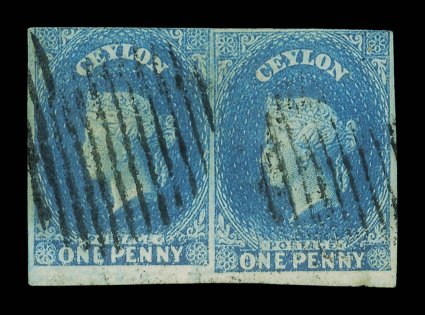1d. blue on blued paper, a horizontal pair with good to large margins on three sides, just touched at top, cancelled by oval of bars, fine. Sc. 1, S.G. 2b, £450.