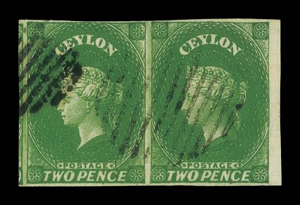 2d. yellowish green, a horizontal pair with small sheet margin at right and showing portion of adjoining stamp at left, cancelled by oval of bars, very fine. Scarce in such
condition. Sc. 4a, S.G. 3a.
