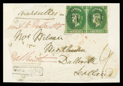 2d. yellowish green pair with virtually good to large margins all round, affixed on ragged piece addressed to Scotland, both centrally cancelled by superb 124 obliterator of
Aden and tied by circular-framed moretopay handstamp in red. <