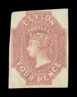 4d. dull rose, unused without gum, margins all round being large on three sides pressed vertical crease towards left and some slight staining at foot reduced. A very presentable
example of this major rarity of Ceylon philately. R.P.S. Certif