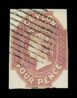 4d. dull rose, excellent color, good to large margins on three sides, outer frameline cut-into at right, neatly cancelled. A very fine example of this rare stamp. R.P.S.
Certificate (1971). Sc. 5, S.G. 4, £4500. provenance: M. Ferrari, Octobe