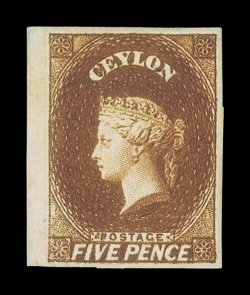 5d. chestnut, unused with part original gum and of deep rich color, sheet margin at left, large margins on the other sides pressed horizontal crease towards foot and tiny black
mark between o and n, otherwise very fine. Sc. 6, S.G. 5