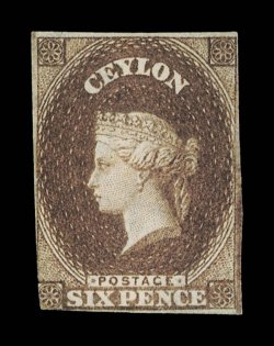 6d. brown, unused without gum, mainly good to large margins, touched at lower left, very fine. An extremely rare stamp with fewer unused examples known than the 4d. dull rose.
A. Diena (1967) and R.P.S. (1988) Certificates. Sc. 7, S.G. 6a, £7000.