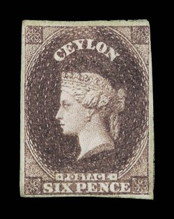 6d. deep brown, unused without gum, mainly large margins all round (very close at upper right), very fine. An extremely rare stamp with fewer unused examples known than the 4d.
dull rose. R.P.S. Certificate (1962). Sc. 7a, S.G. 6b, £9000. prove