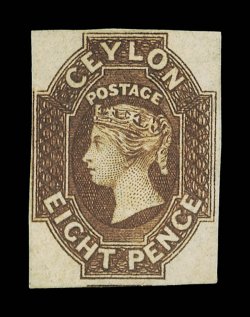 8d. brown, fresh and rich color, unused with large part gum (redistributed), clear to large margins showing aportion of adjoining stamp at foot and of very good color. Extremely
rare and a very fine example of one of Ceylons most important sta