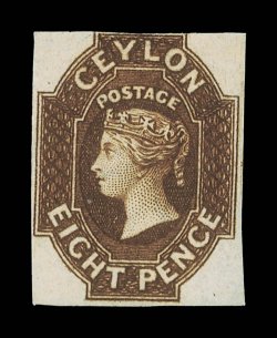 8d. brown, lovely color, unused without gum, good margins on three sides, outer frameline cut-into at top, very fine. Extremely rare. Sc. 8, S.G. 7, £28,000.