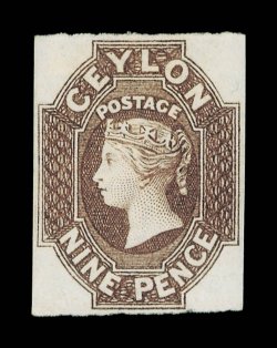 9d. purple-brown, lovely deep color, unused with part original gum, large margins faint crease towards foot otherwise very fine. Extremely rare and one of the finest of the few
recorded unused examples of this highly important stamp. R.P.S.