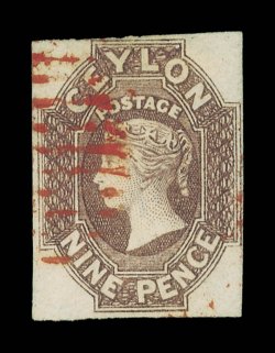 9d. purple-brown, a pale shade with small to large margins, neatly cancelled by oval of bars in bright red, very fine. The only example that we recall seeing. Sc. 9, S.G. 8,
£900. provenance: Dale-Lichtenstein, February 1969