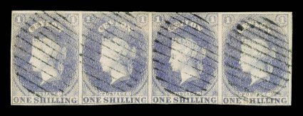 1- slate-violet, a lightly cancelled horizontal strip of four of lovely color, large margins on three sides showing small portion of the adjoining stamp at right, touched at
foot. A fine and most attractive strip. The largest recorded multiple.
